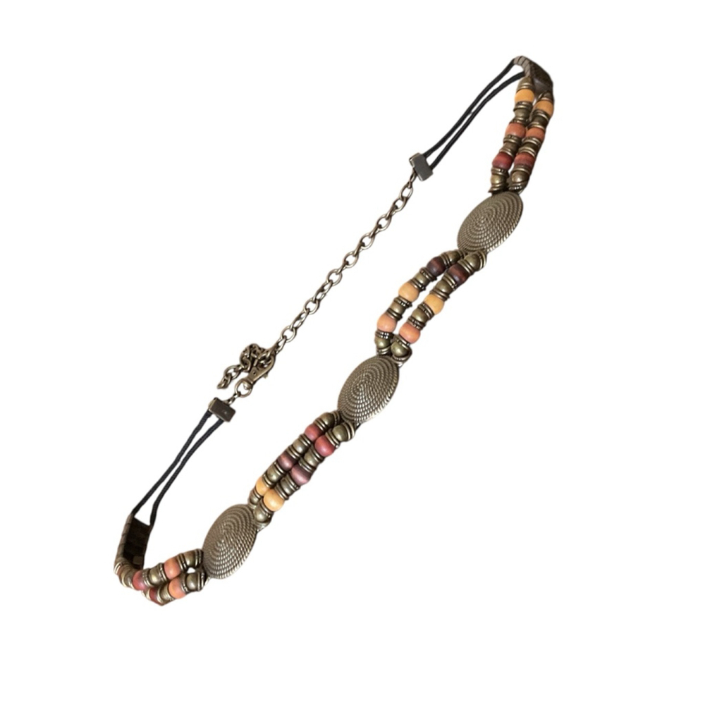 Boho Beaded Belt vintage Brassconcho medallion Wood Bead adjustable Waist Belt - Picture 4 of 16